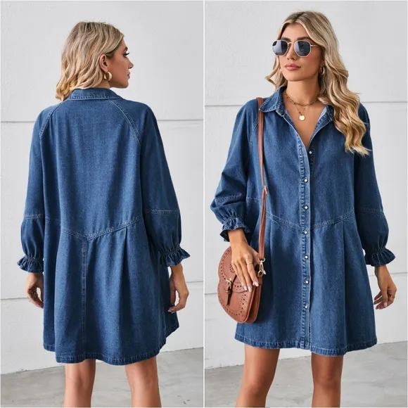 Flounce Dream Mini Denim Dress - Medium Blue