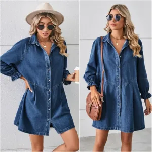 Flounce Dream Mini Denim Dress - Medium Blue