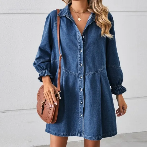 Flounce Dream Mini Denim Dress - Medium Blue