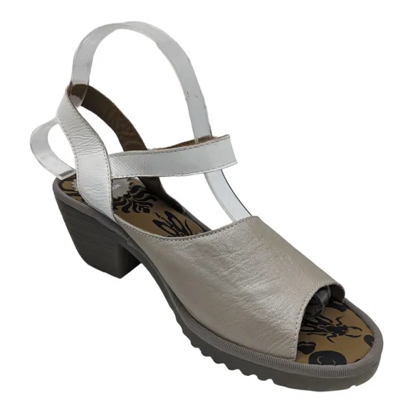 Fly London Wely Leather Sandal Silver Off White Hook Loop Strap Lug Sole 39