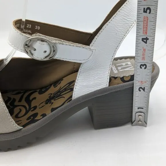 Fly London Wely Leather Sandal Silver Off White Hook Loop Strap Lug Sole 39
