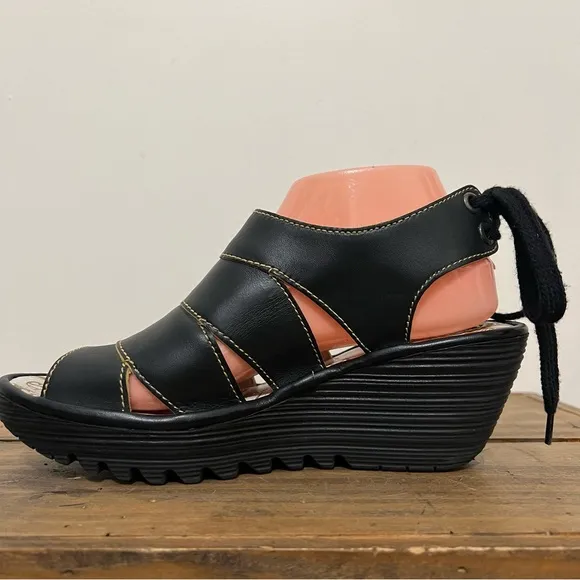 Fly London Yown Black Strappy Wedge Sandals