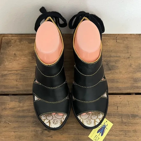 Fly London Yown Black Strappy Wedge Sandals