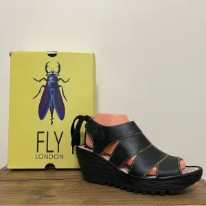 Fly London Yown Black Strappy Wedge Sandals