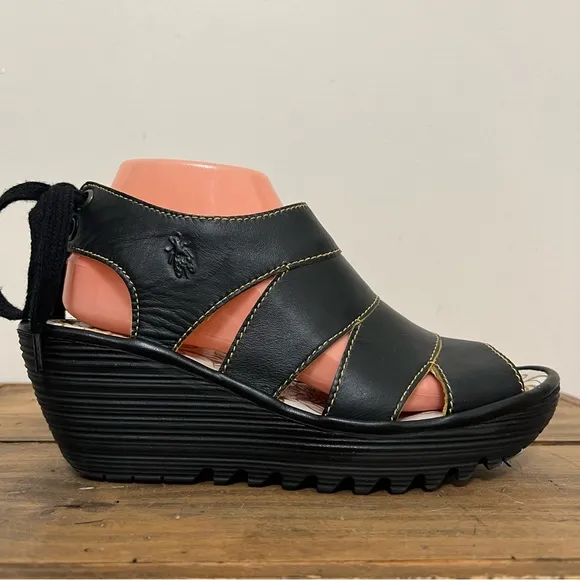 Fly London Yown Black Strappy Wedge Sandals