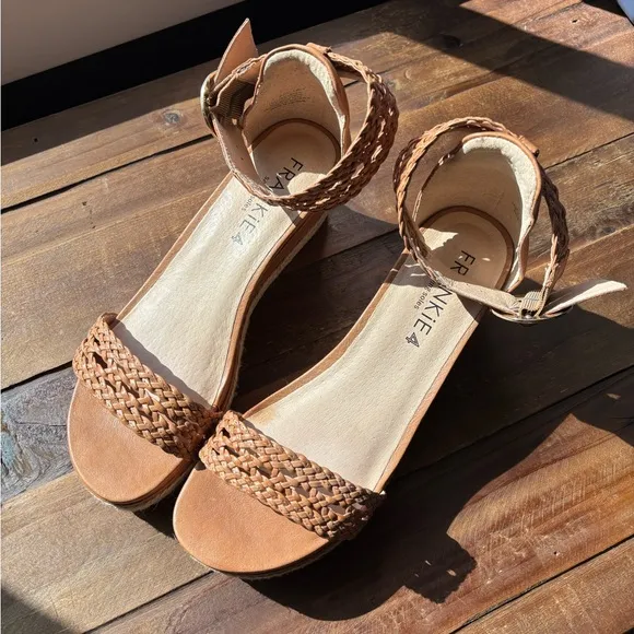 Frankie4 Fifi Leather Woven Ankle Strap Wedge Espadrilles Heeled Sandals Size 7