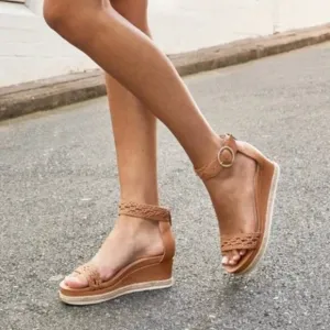 Frankie4 Fifi Leather Woven Ankle Strap Wedge Espadrilles Heeled Sandals Size 7