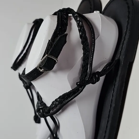 Free People Caroline Cali Leather Flat Sandal  Braided Strap Adjustable Black 41