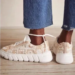 Free People Catch Me If You Can Crochet Lace Up Sneakers White Pink 9