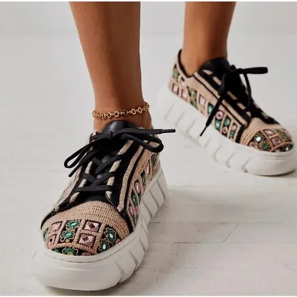 Free People Catch Me If You Can Sneakers Crochet Lace Up Sz 40 (size 9.5US) NWOB