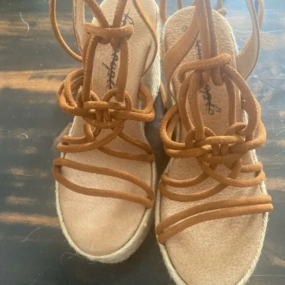 Free People Coastal Strappy Suede Platform Wedge Espadrilles in Cognac Tan