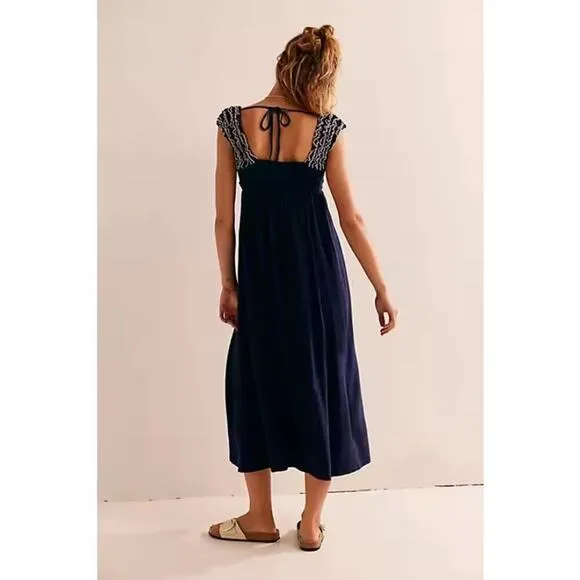 Free People Feel the Frill Women's Small Navy &amp; White Midi Dress OB1916895 NEW