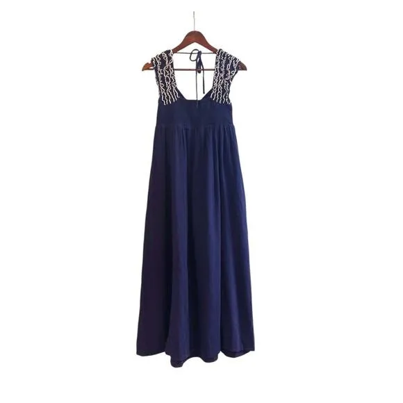 Free People Feel the Frill Women's Small Navy &amp; White Midi Dress OB1916895 NEW