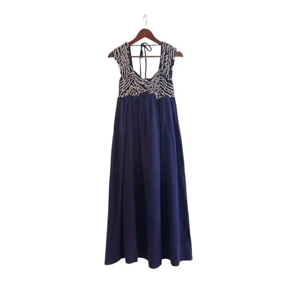 Free People Feel the Frill Women's Small Navy &amp; White Midi Dress OB1916895 NEW