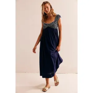 Free People Feel the Frill Women's Small Navy &amp; White Midi Dress OB1916895 NEW