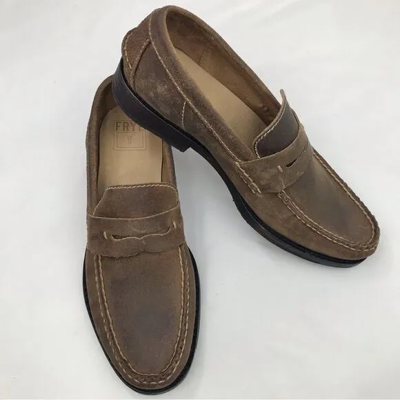 Frye TYLER Brown Leather Classic Penny Loafers in Almond