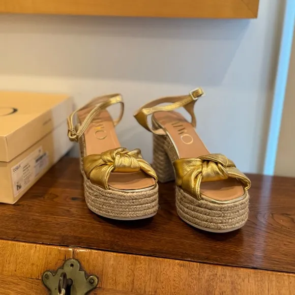 Gaimo Coque Golden Jute Heeled Sandals With Tubular Leather Heel