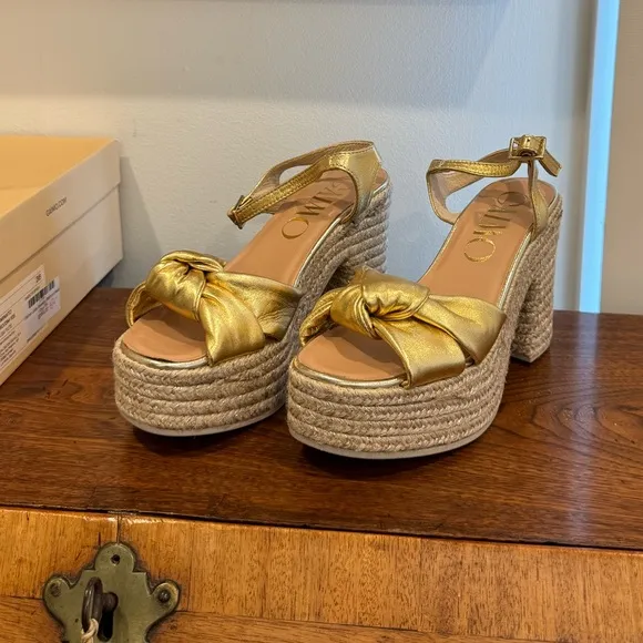 Gaimo Coque Golden Jute Heeled Sandals With Tubular Leather Heel