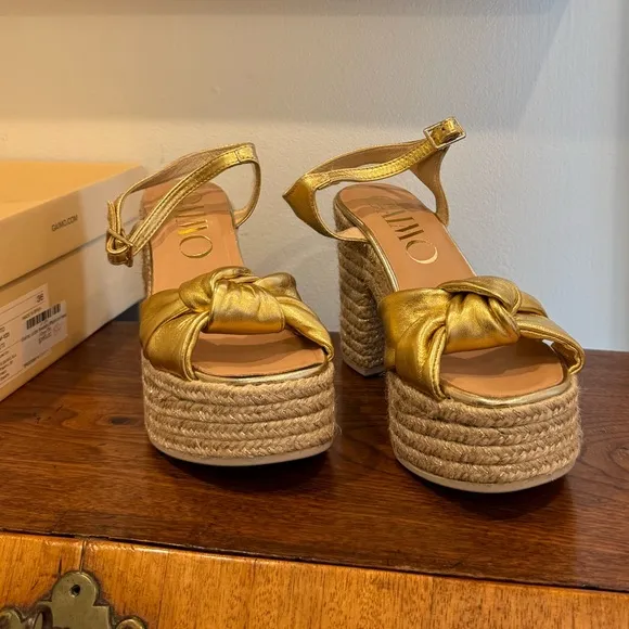 Gaimo Coque Golden Jute Heeled Sandals With Tubular Leather Heel