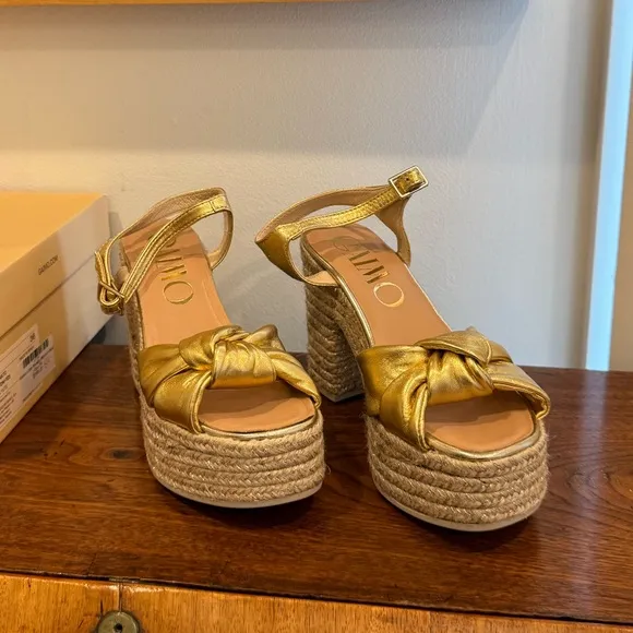 Gaimo Coque Golden Jute Heeled Sandals With Tubular Leather Heel