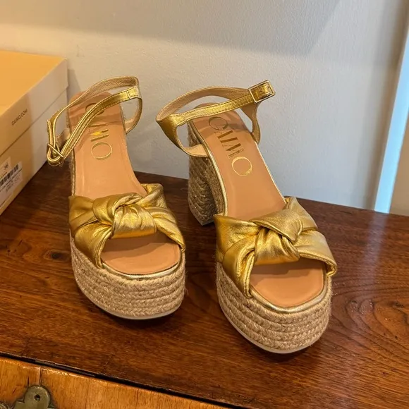 Gaimo Coque Golden Jute Heeled Sandals With Tubular Leather Heel