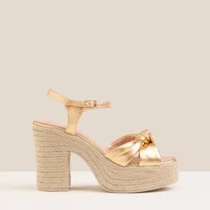 Gaimo Coque Golden Jute Heeled Sandals With Tubular Leather Heel