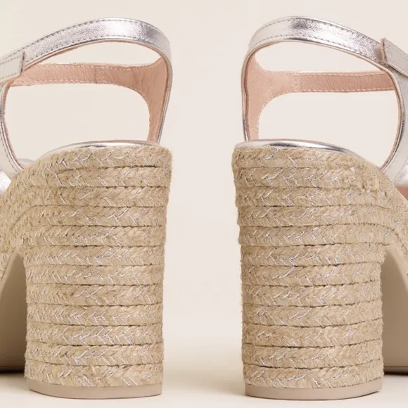 Gaimo Coque Silver Jute Heeled Sandals With Tubular Leather Heel