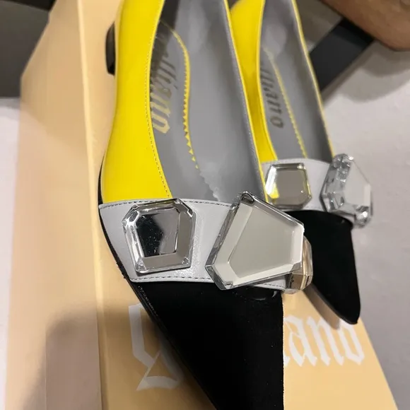 GALLIANO NIB AUTHENTIC YELLOW/BLACK/GRAY LARGE CRYSTALS LEATHER &amp; SUEDE …