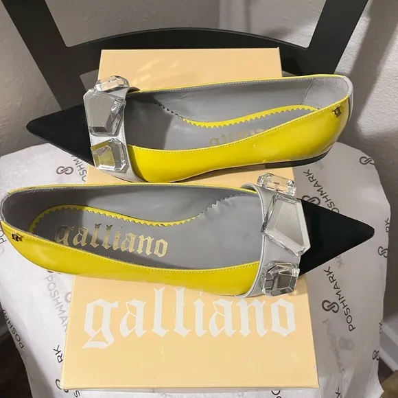 GALLIANO NIB AUTHENTIC YELLOW/BLACK/GRAY LARGE CRYSTALS LEATHER &amp; SUEDE …
