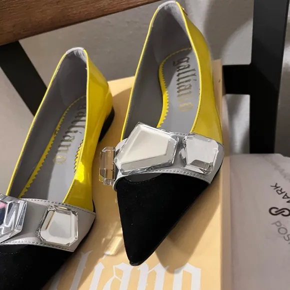 GALLIANO NIB AUTHENTIC YELLOW/BLACK/GRAY LARGE CRYSTALS LEATHER &amp; SUEDE …