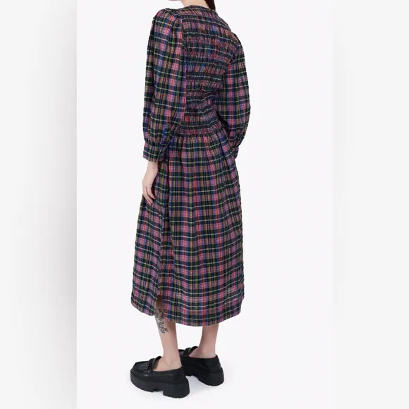 GANNI MULTICOLOR COTTON-BLEND SHIRRED CHECKED MIDI DRESS SIZE 34
