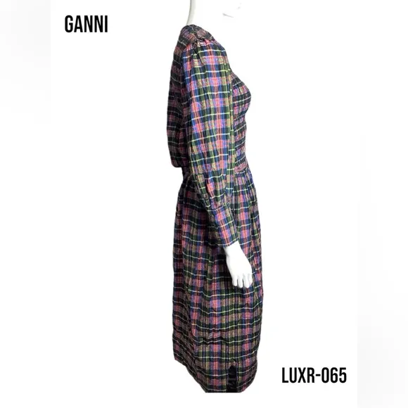 GANNI MULTICOLOR COTTON-BLEND SHIRRED CHECKED MIDI DRESS SIZE 34