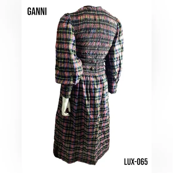 GANNI MULTICOLOR COTTON-BLEND SHIRRED CHECKED MIDI DRESS SIZE 34