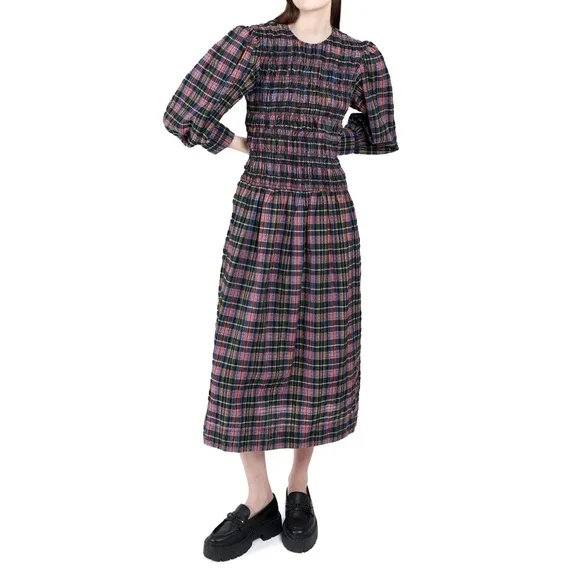 GANNI MULTICOLOR COTTON-BLEND SHIRRED CHECKED MIDI DRESS SIZE 34