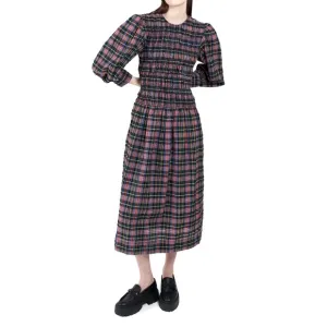 GANNI MULTICOLOR COTTON-BLEND SHIRRED CHECKED MIDI DRESS SIZE 34