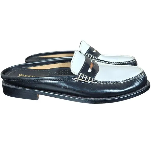 GH Bass Weejuns Wynn Mules Womens 7 Black White Classic Leather Penny Loafers