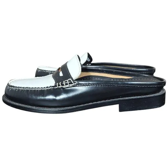 GH Bass Weejuns Wynn Mules Womens 7 Black White Classic Leather Penny Loafers