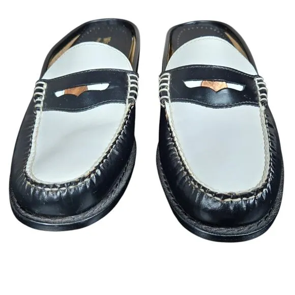 GH Bass Weejuns Wynn Mules Womens 7 Black White Classic Leather Penny Loafers