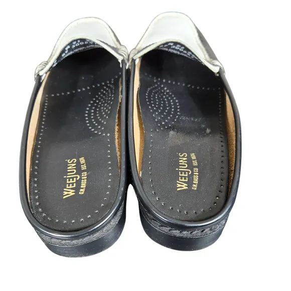 GH Bass Weejuns Wynn Mules Womens 7 Black White Classic Leather Penny Loafers