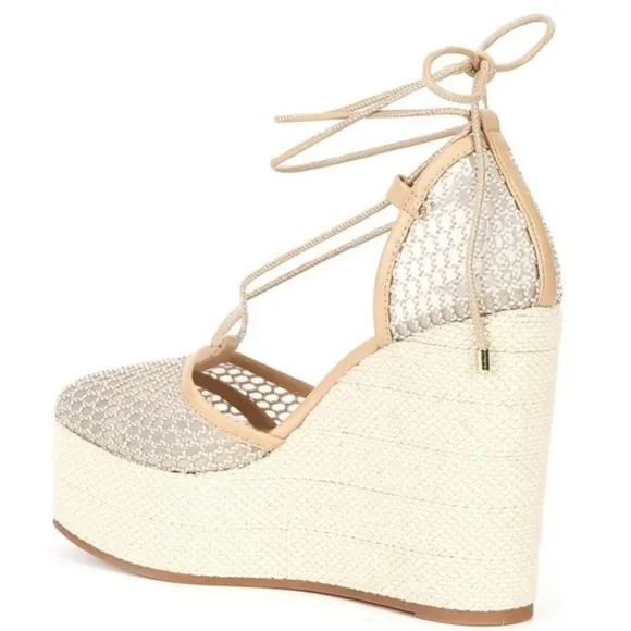 Gianni Bini Santoro Mesh and Leather Ankle Wrap Platform Wedge Espadrilles