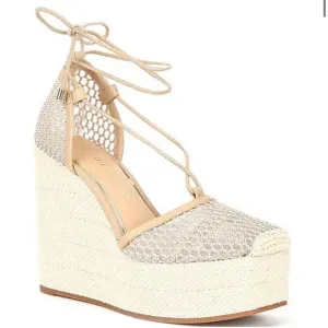 Gianni Bini Santoro Mesh and Leather Ankle Wrap Platform Wedge Espadrilles