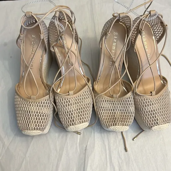 Gianni Bini Santoro Mesh and Leather Ankle Wrap Platform Wedge Espadrilles