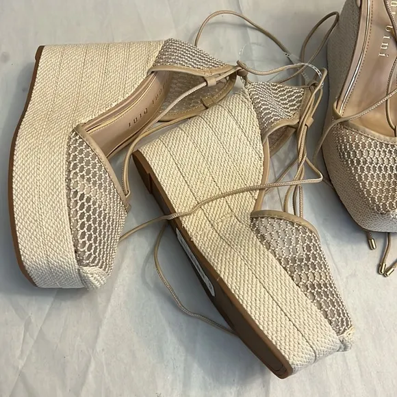 Gianni Bini Santoro Mesh and Leather Ankle Wrap Platform Wedge Espadrilles