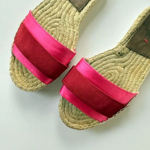 Gioseppo Satin Espadrille Flat Slide Sandals in Red &amp; Pink Size 7