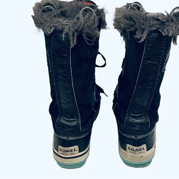 Girls Sorel Joan of Arctic Snow Winter Snow Boots Black Faux Fur Lace Up 1