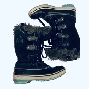 Girls Sorel Joan of Arctic Snow Winter Snow Boots Black Faux Fur Lace Up 1