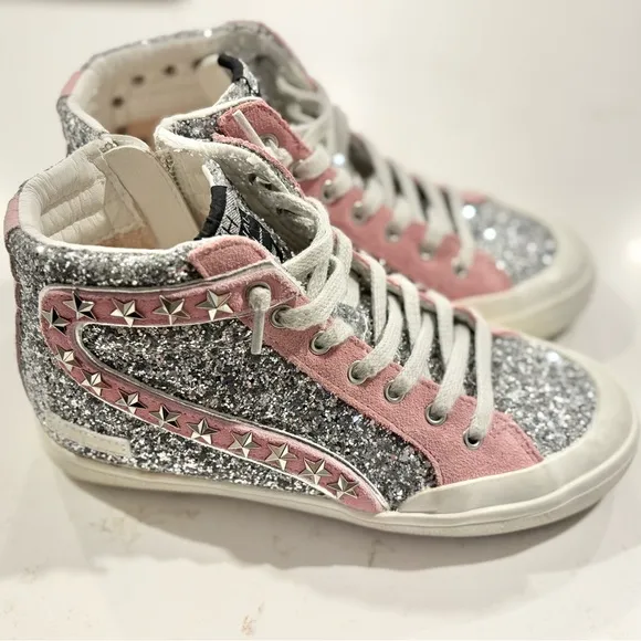 Girls Vintage Havana Glitter Silver Pink High Top Sneakers size 6