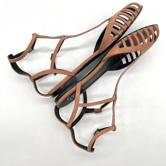 GIUSEPPE ZANOTTI Cut Out Leather Flat Sandals Women 39 8.5 Camel Ankle Strap