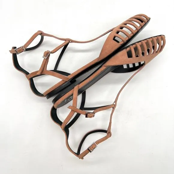 GIUSEPPE ZANOTTI Cut Out Leather Flat Sandals Women 39 8.5 Camel Ankle Strap
