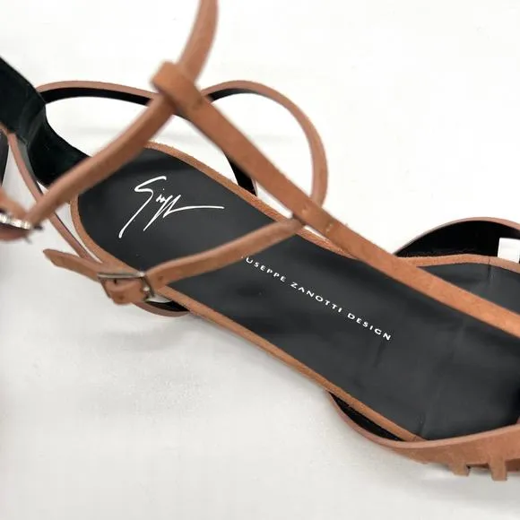 GIUSEPPE ZANOTTI Cut Out Leather Flat Sandals Women 39 8.5 Camel Ankle Strap